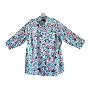 LANDS END Women Plus 18 W Blouse Floral Blue Red Green Button Up 3/4 Sleeve 48"